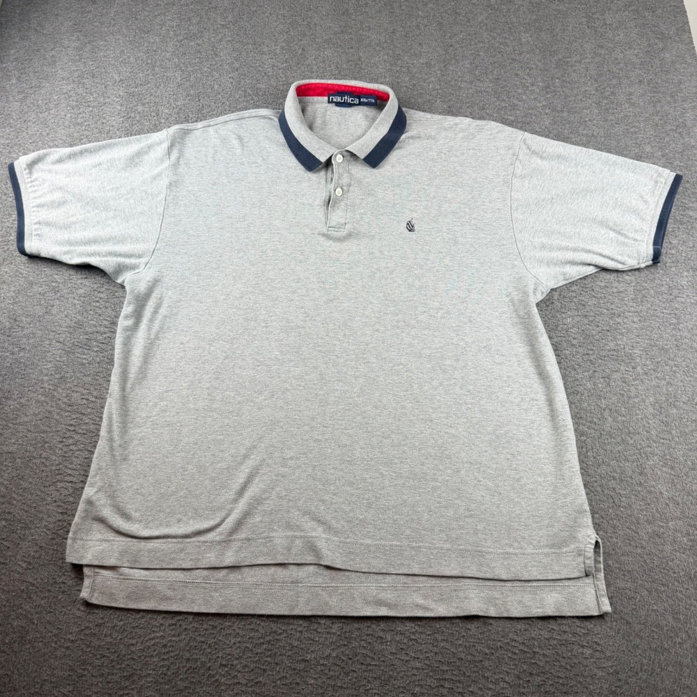 Nautica Polo Shirt Men's XXL Grey Short Sleeve Cotton Embroidered Logo Navy Trim